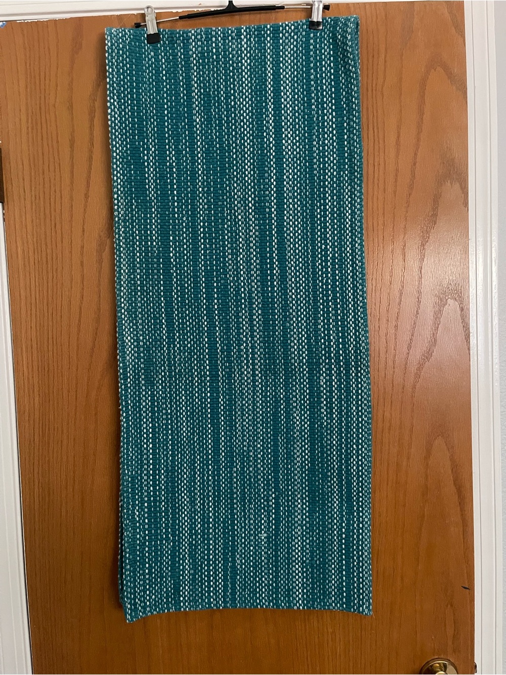 Source Unknown Teal and White Woven Table Runner